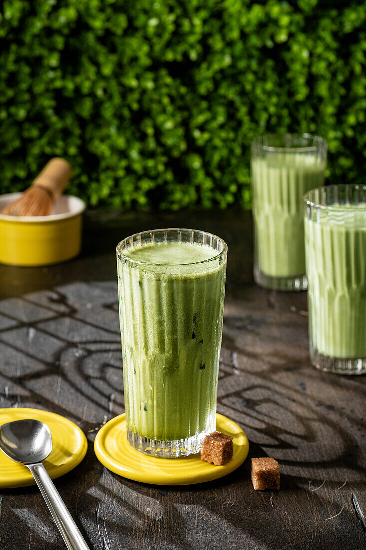 Matcha latte on wooden table