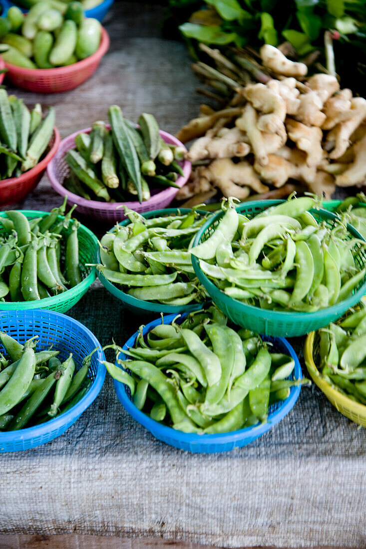 Okra, pea pods, and fresh ginger