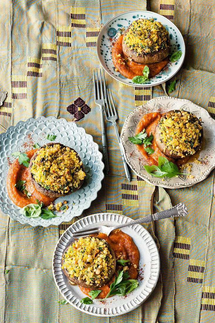Stuffed giant mushrooms, with saffron couscous and apricot sauce