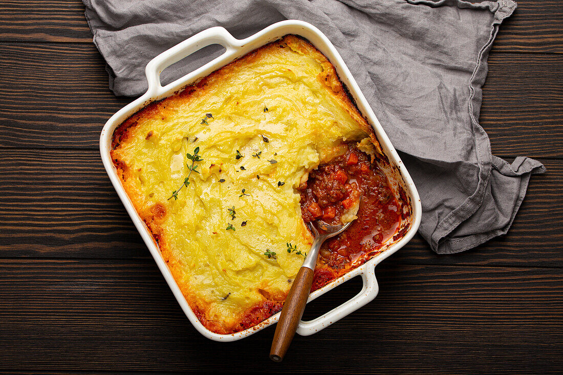 Traditional dish of British cuisine Shepherd's pie (casserole with minced meat and mashed potatoes)