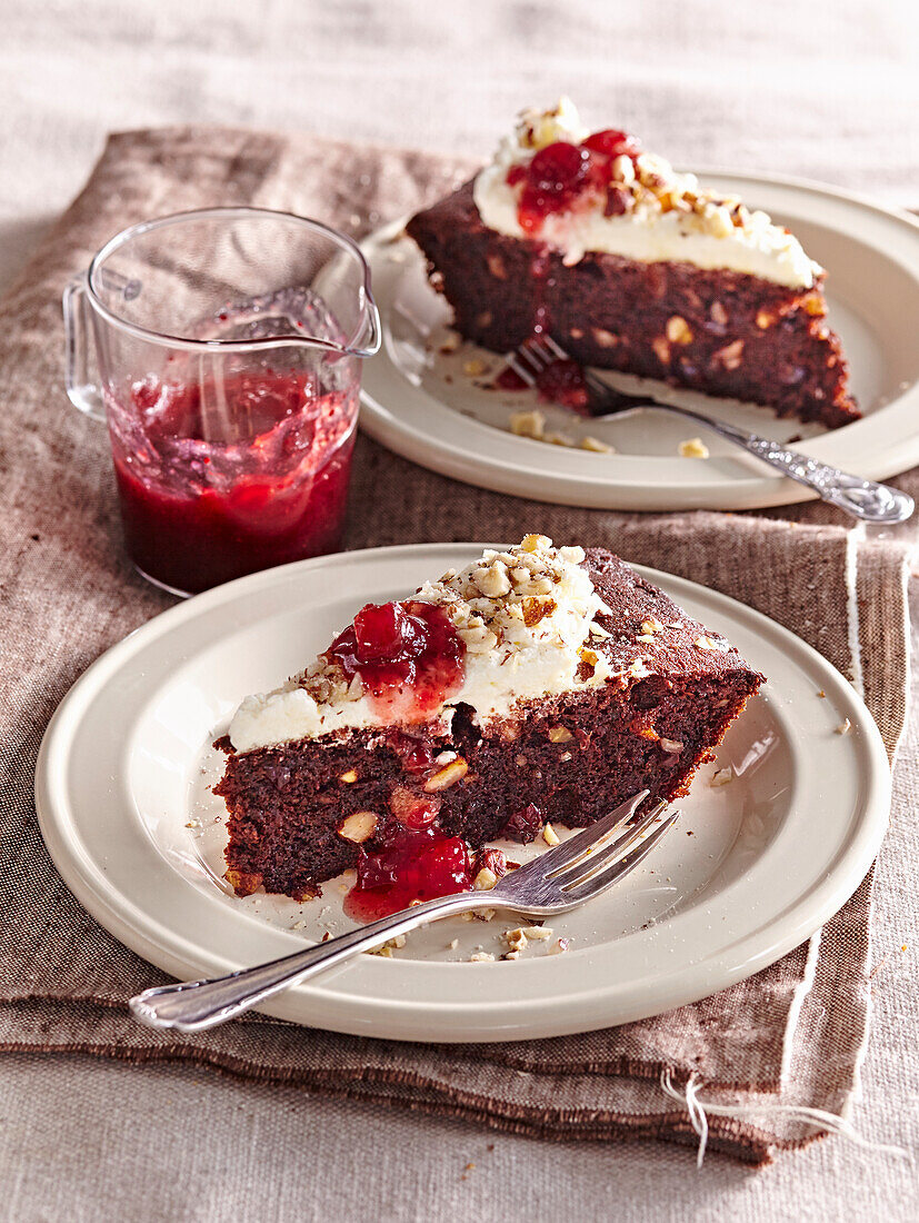 Chocolate cake with nuts and cranberries
