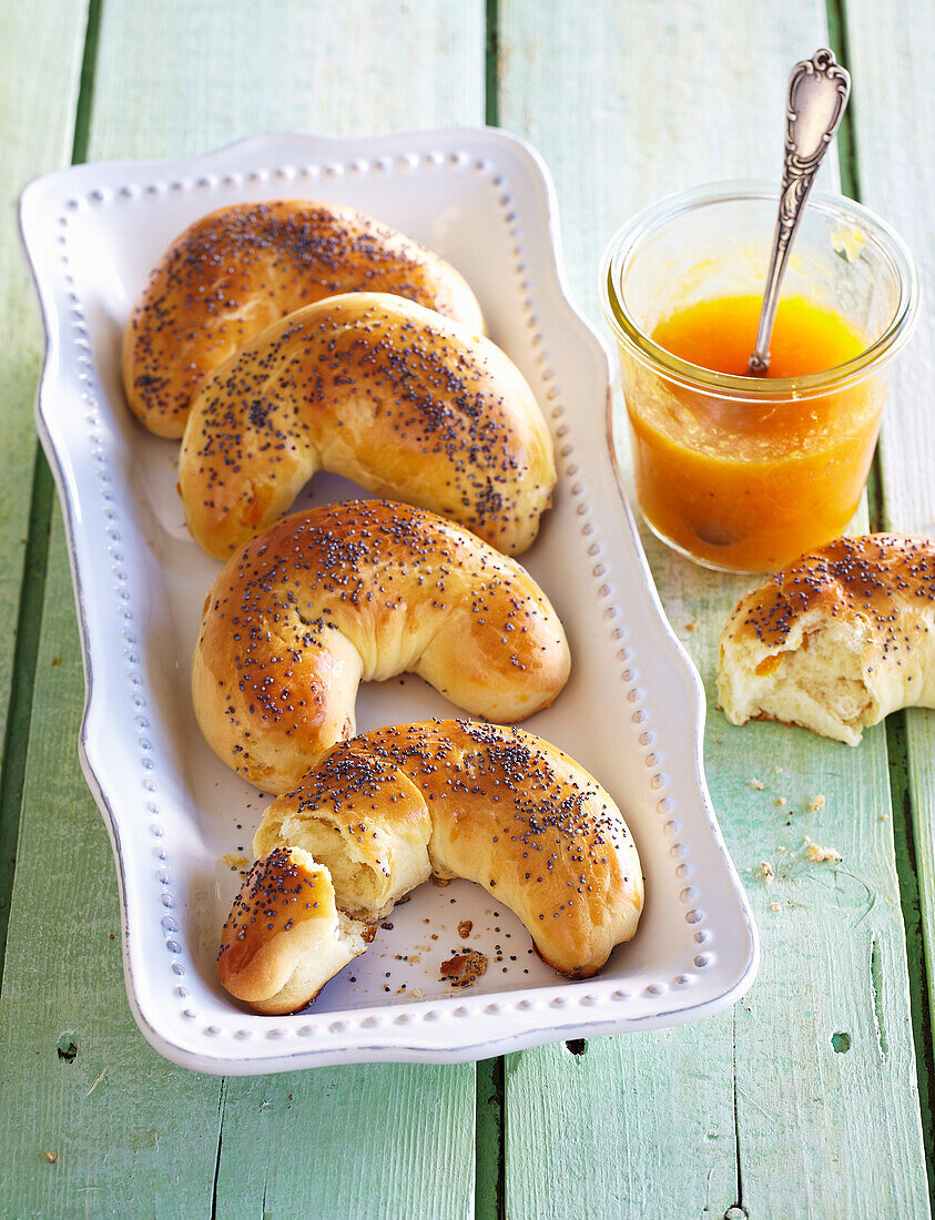 Poppy seed crescent rolls with apricot jam