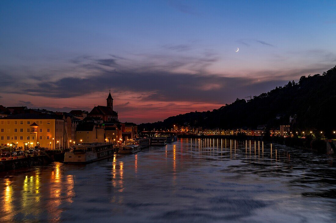 Crescent Moon and Venus over Danube River, Passau, Germany