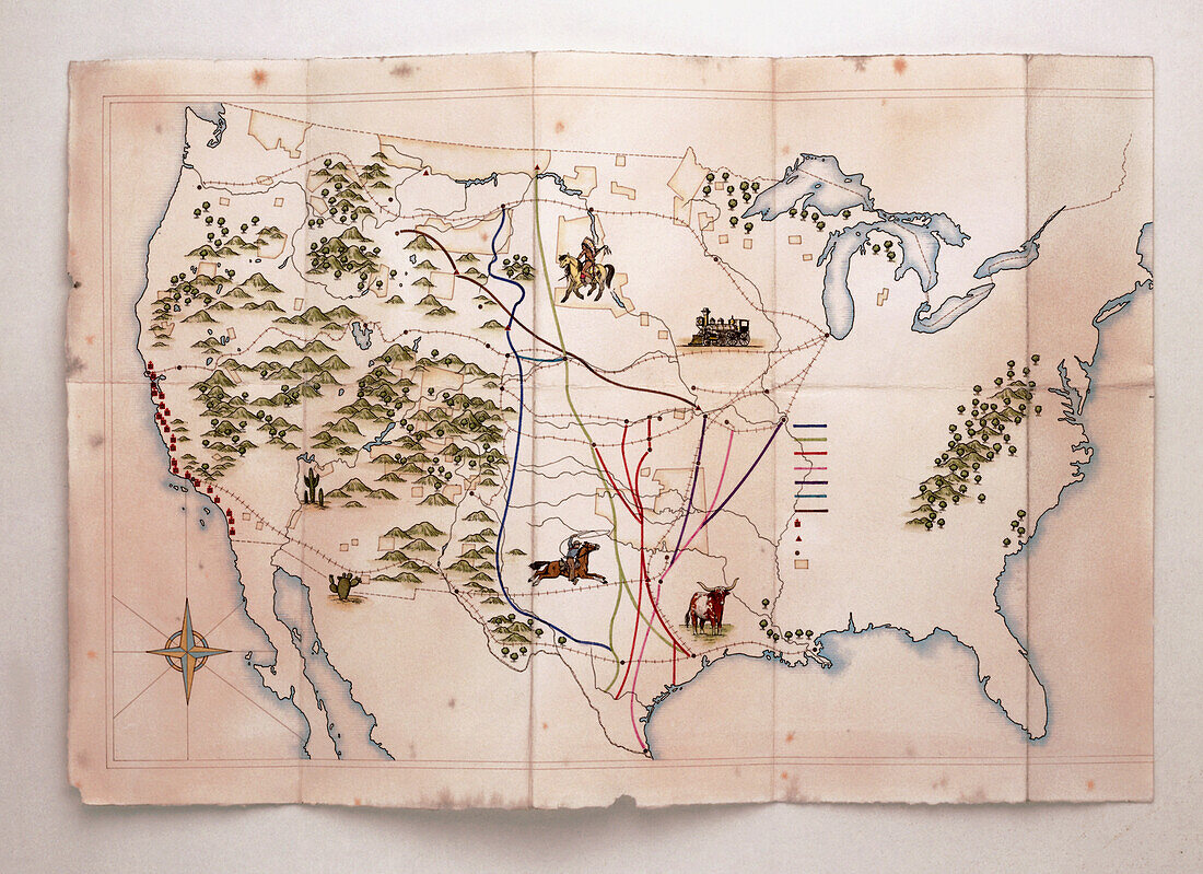 Map of USA showing cattle trails, illustration