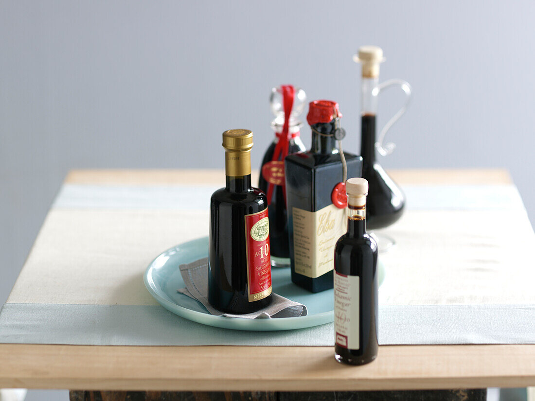 Selection of balsamic vinegars in bottles