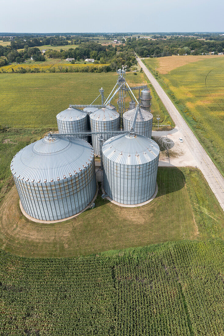 Grain storage silos, aerial photograph