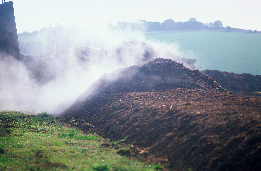 Steaming mound of compost in a field