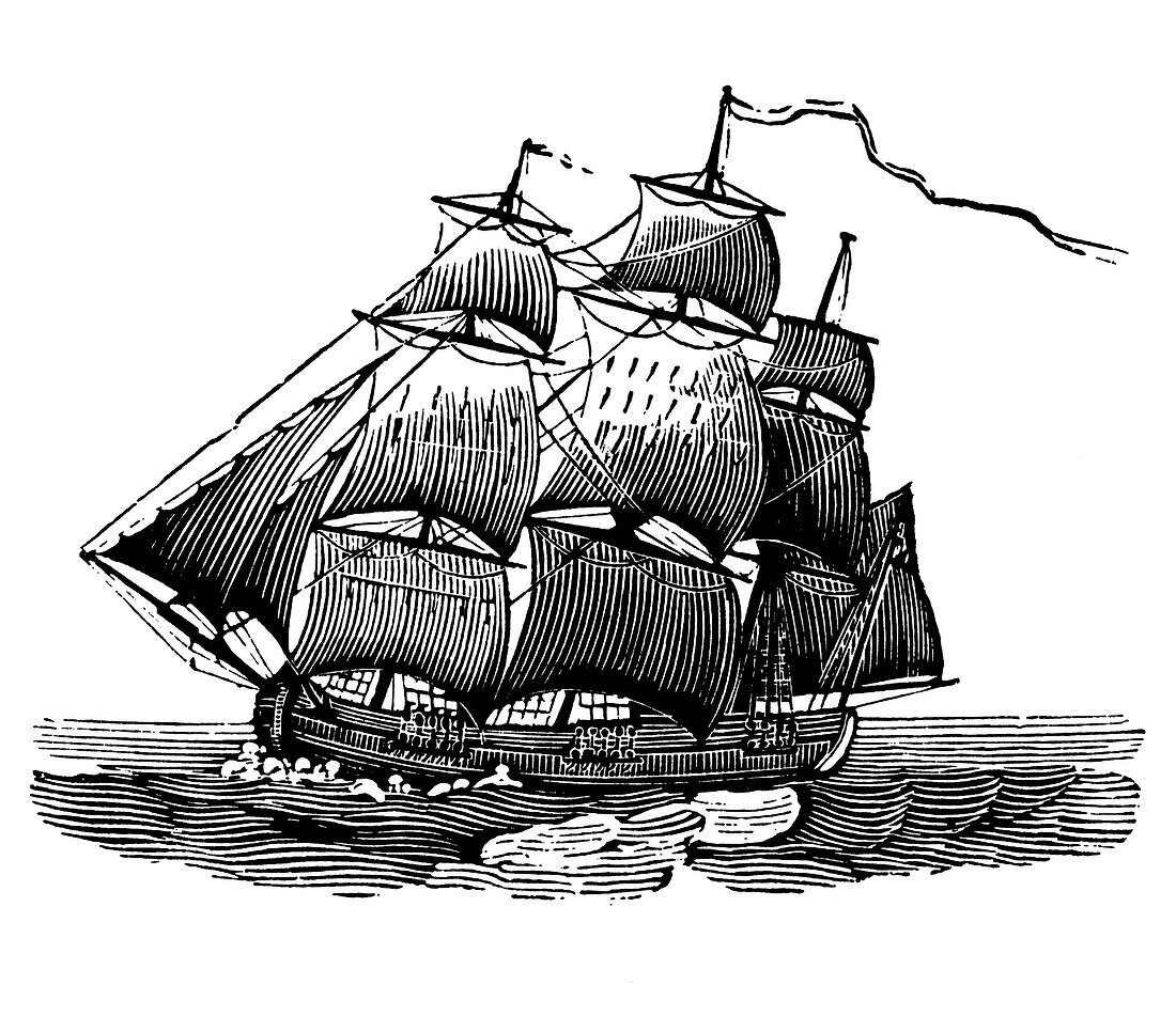 Ship with three masts and 8 sails, illustration