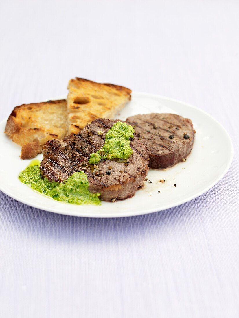 BBQ pepper steak with parsley and almond pesto