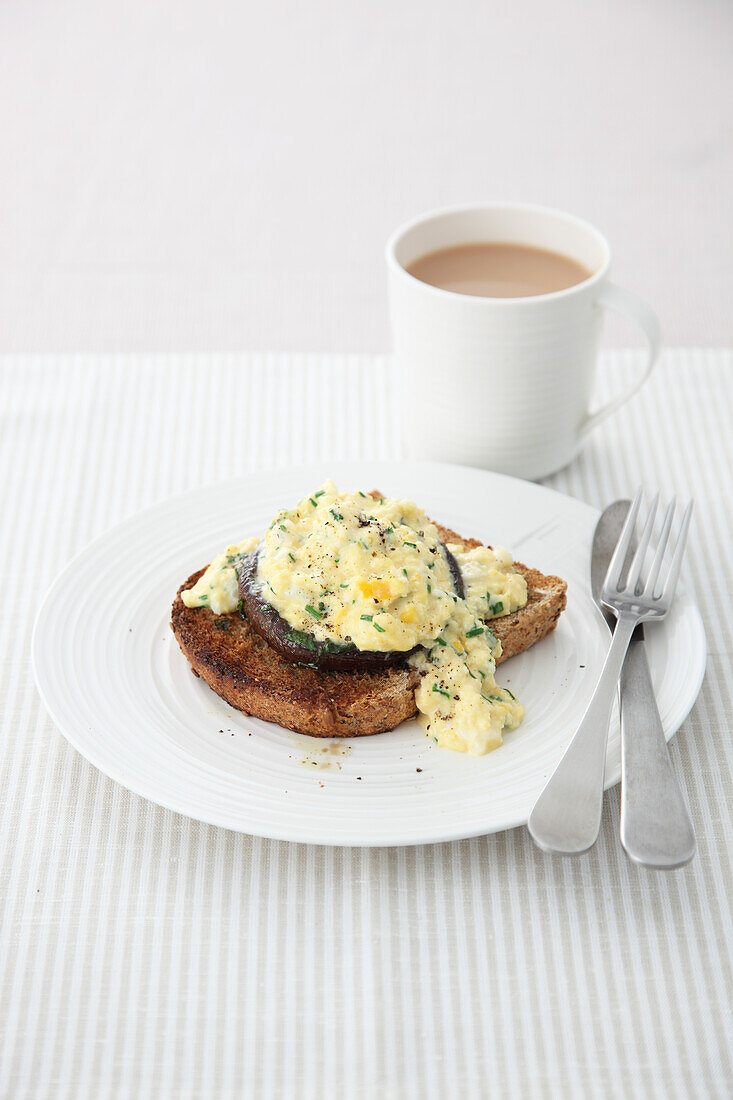 Portobello mushroom and scrambled egg on toast
