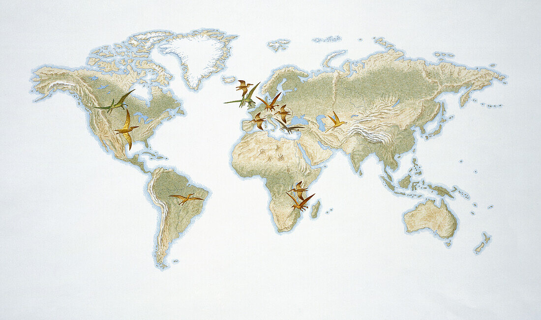 Map of the world with flying reptiles, illustration
