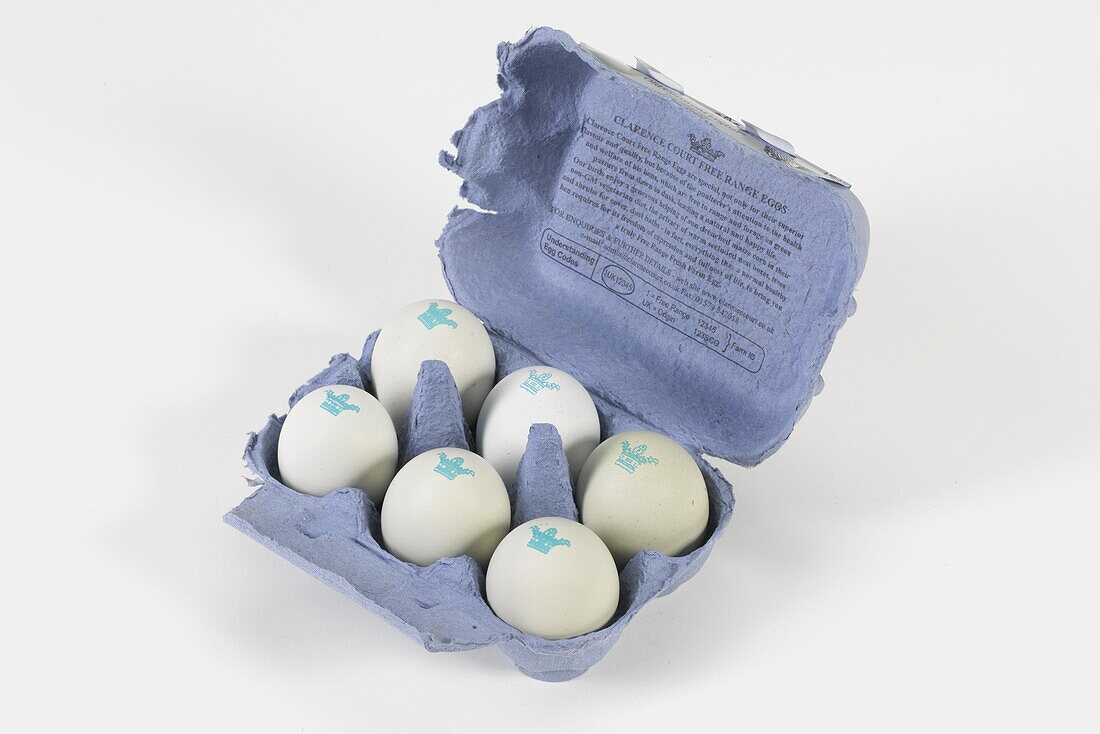 Old Cotswold legbar hen's eggs in blue carton