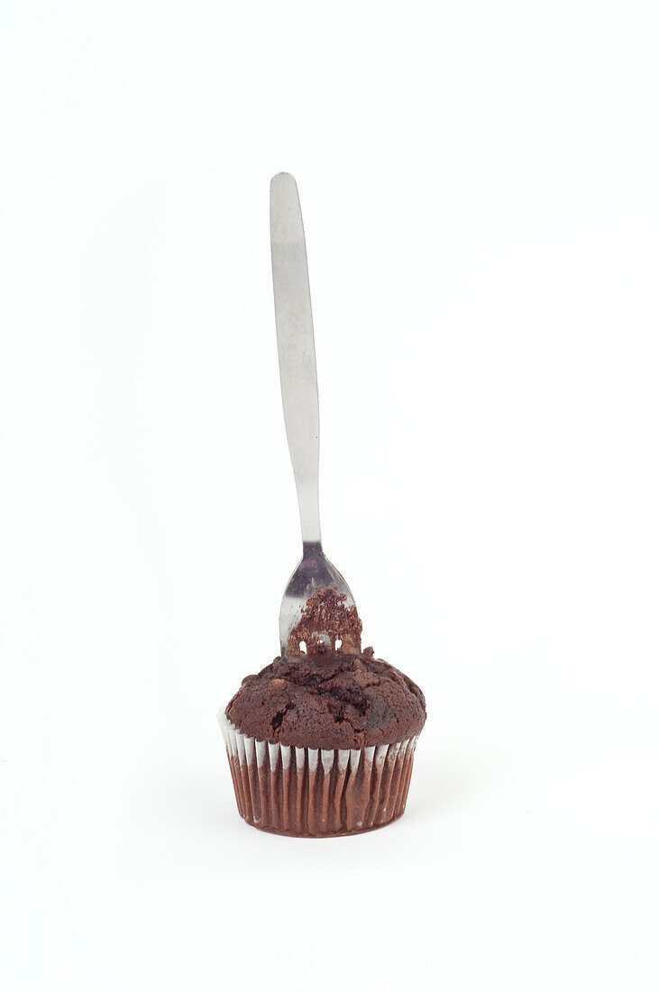 Chocolate covered fork in a chocolate muffin