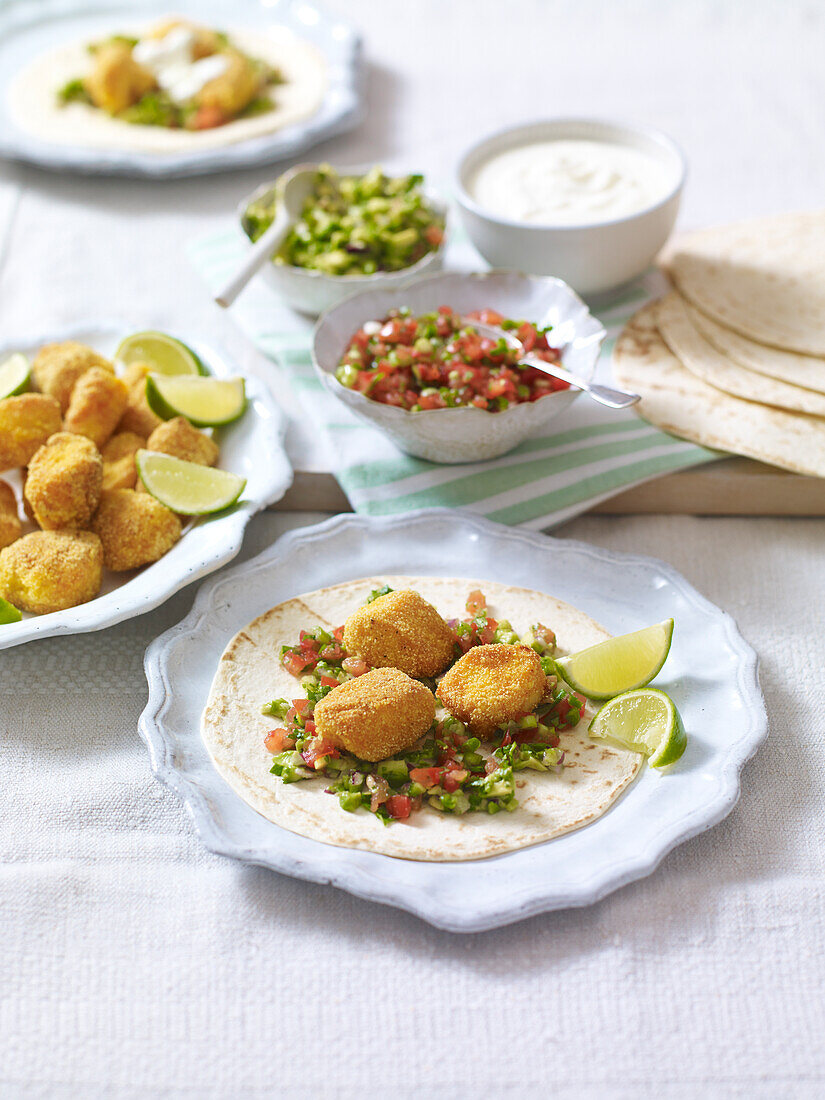 Fish tacos, lime wedges, salsa and guacamole