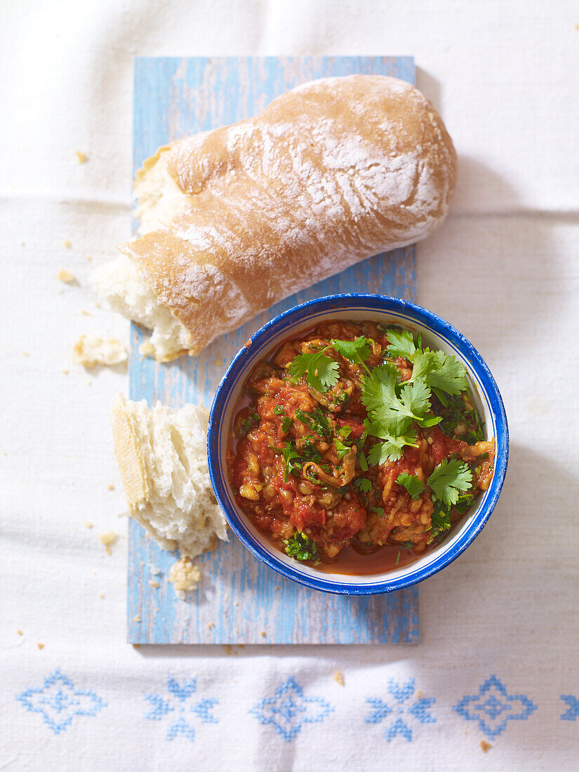Zahlouk, North African spicy aubergine dip with bread
