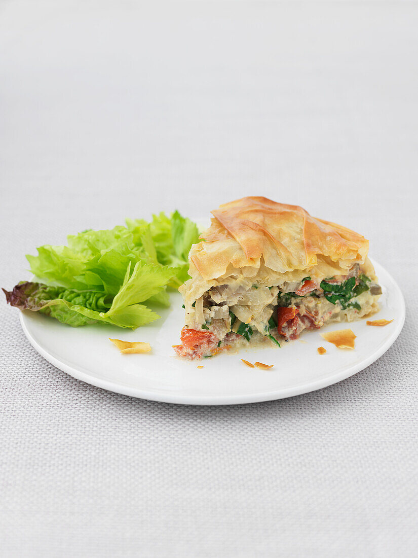Filo pie with Swiss chard, ricotta cheese, and tomatoes