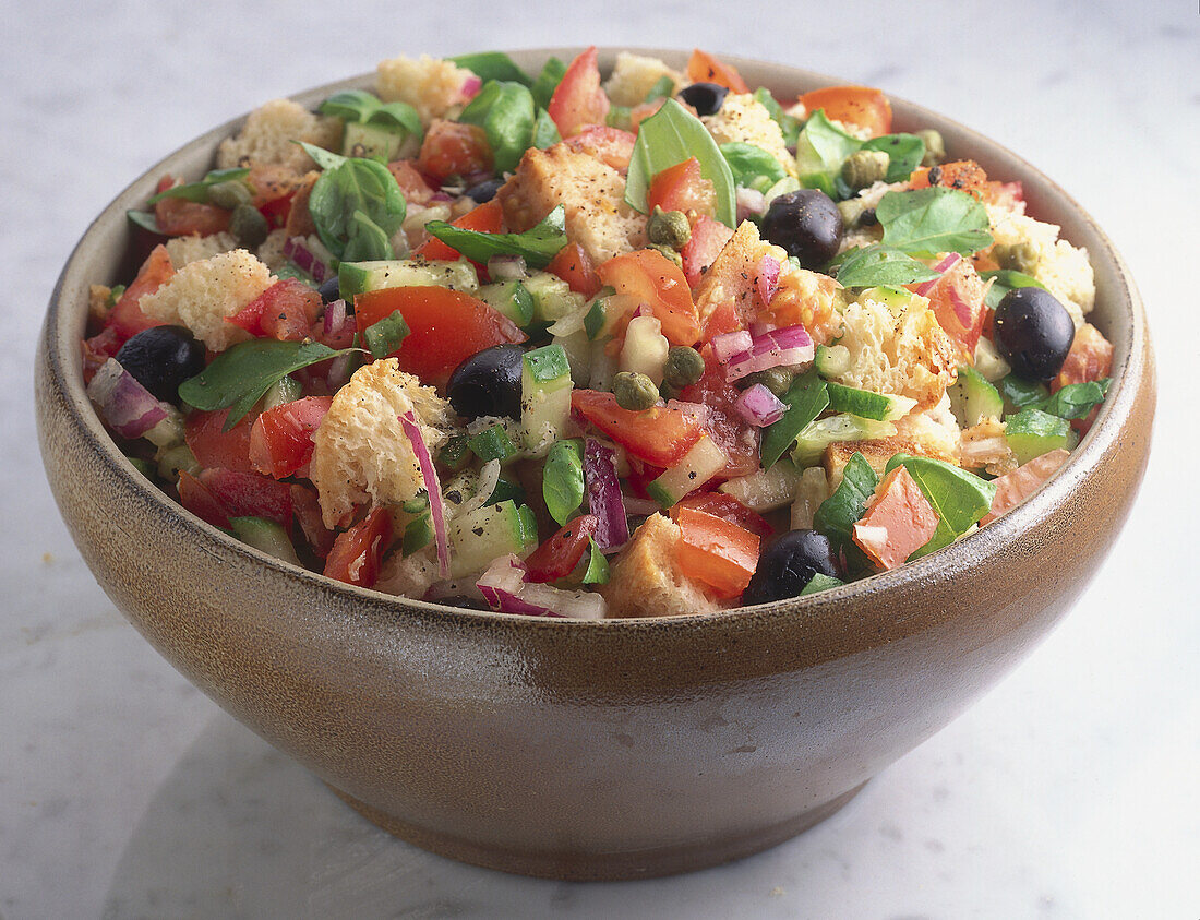 Earthenware bowl of Panzanella, Tuscan bread and tomato salad