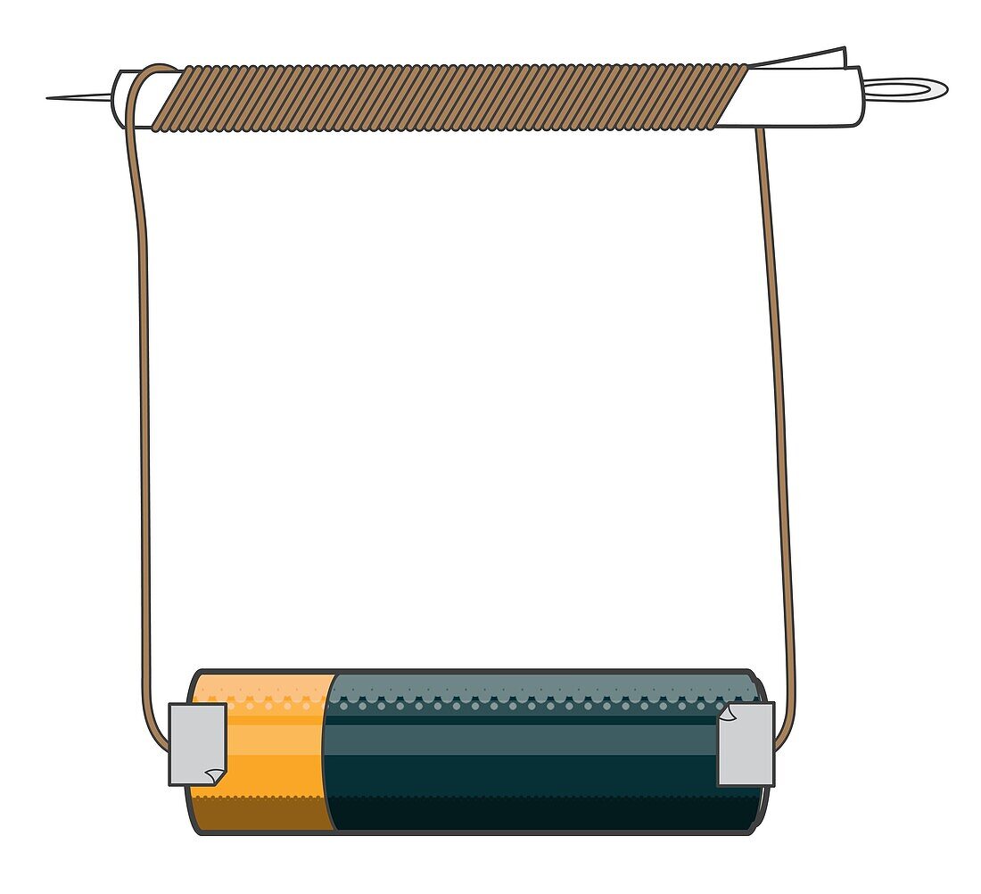 Needle and wire attached to battery, illustration
