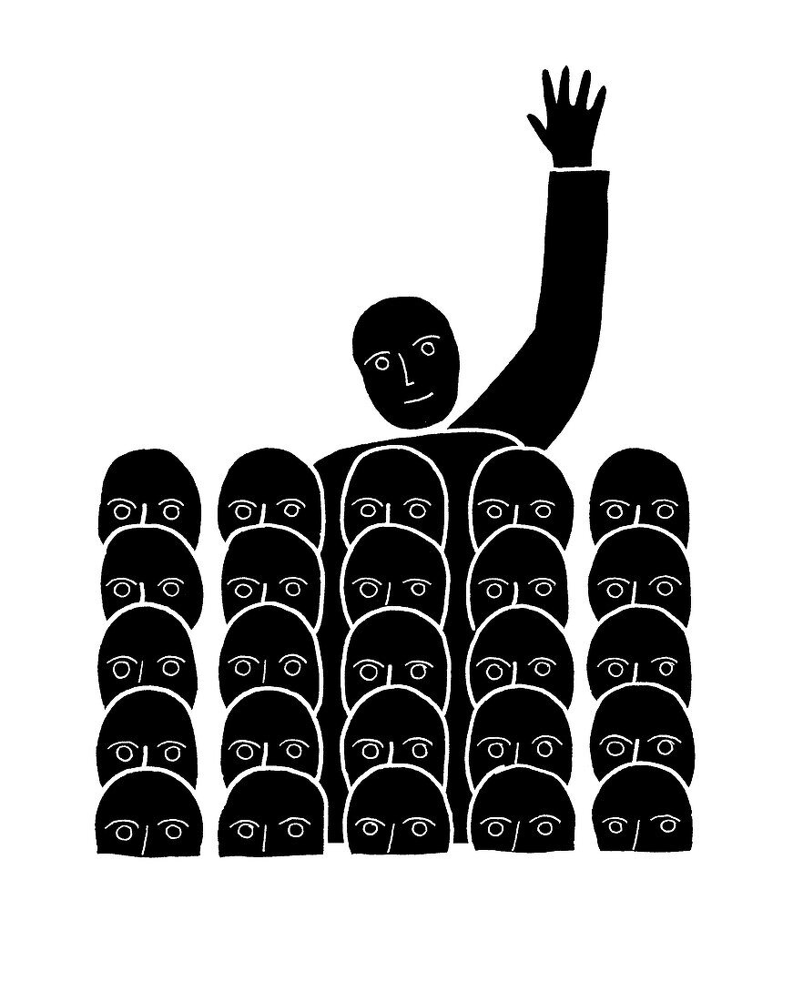 Man in crowd with hand in air, illustration