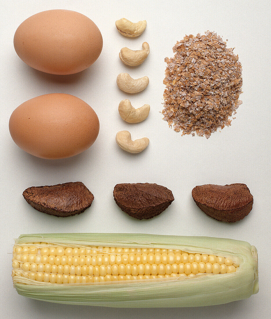 Corn, Brazil nuts, eggs, almonds and whole wheat grain