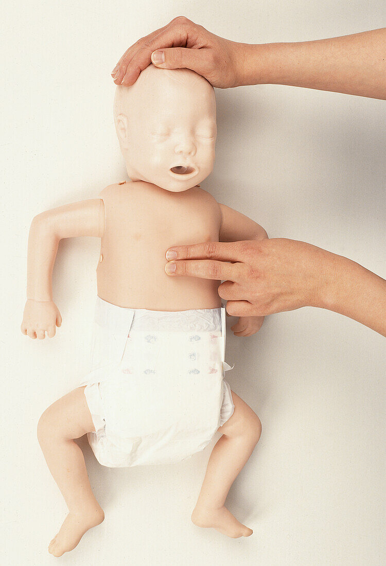 Using a plastic model to learn how to check a baby's pulse