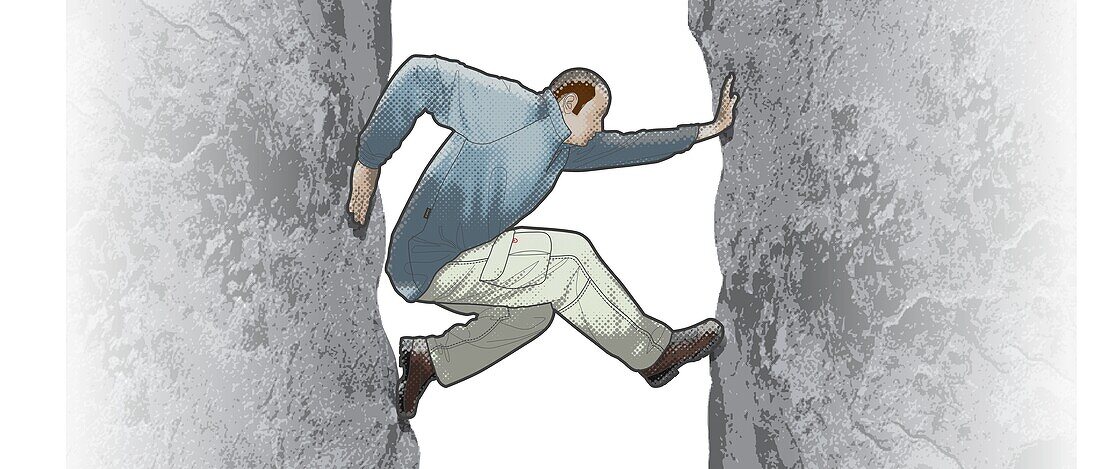 Man straddling gap in rock chimney, illustration