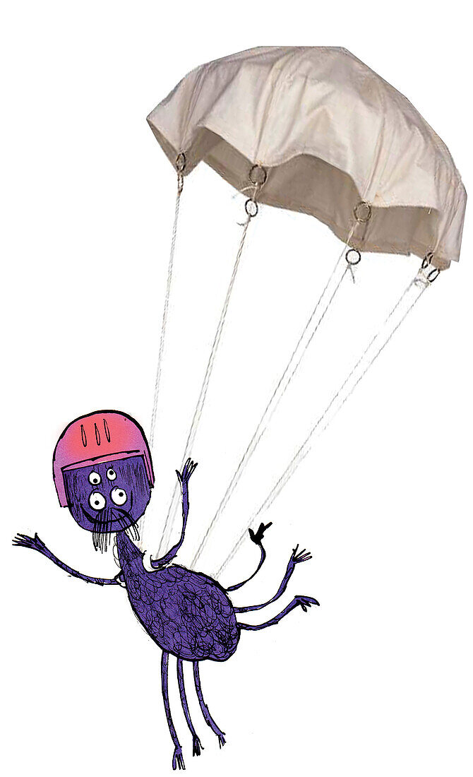 Spider wearing a parachute and a pink helmet, illustration