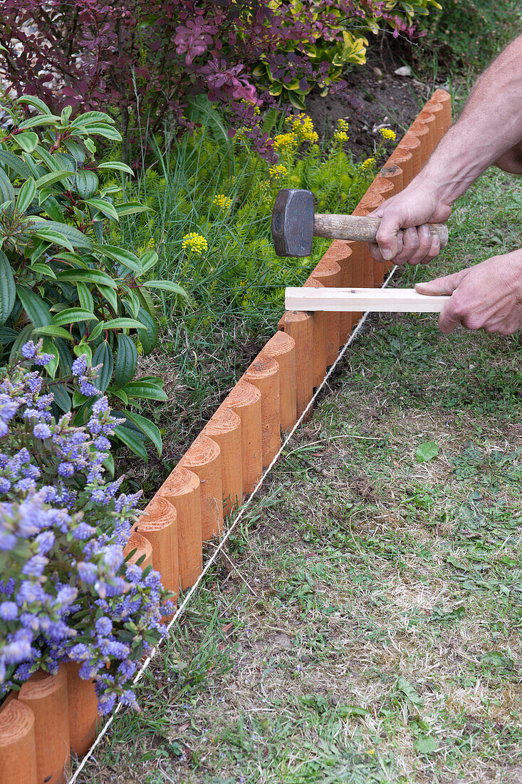 Man installing wooden border between plants and lawn area