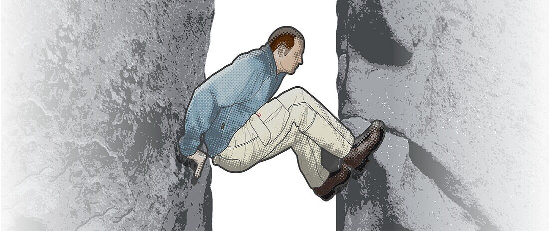 Man using chimneying technique to climb rock, illustration