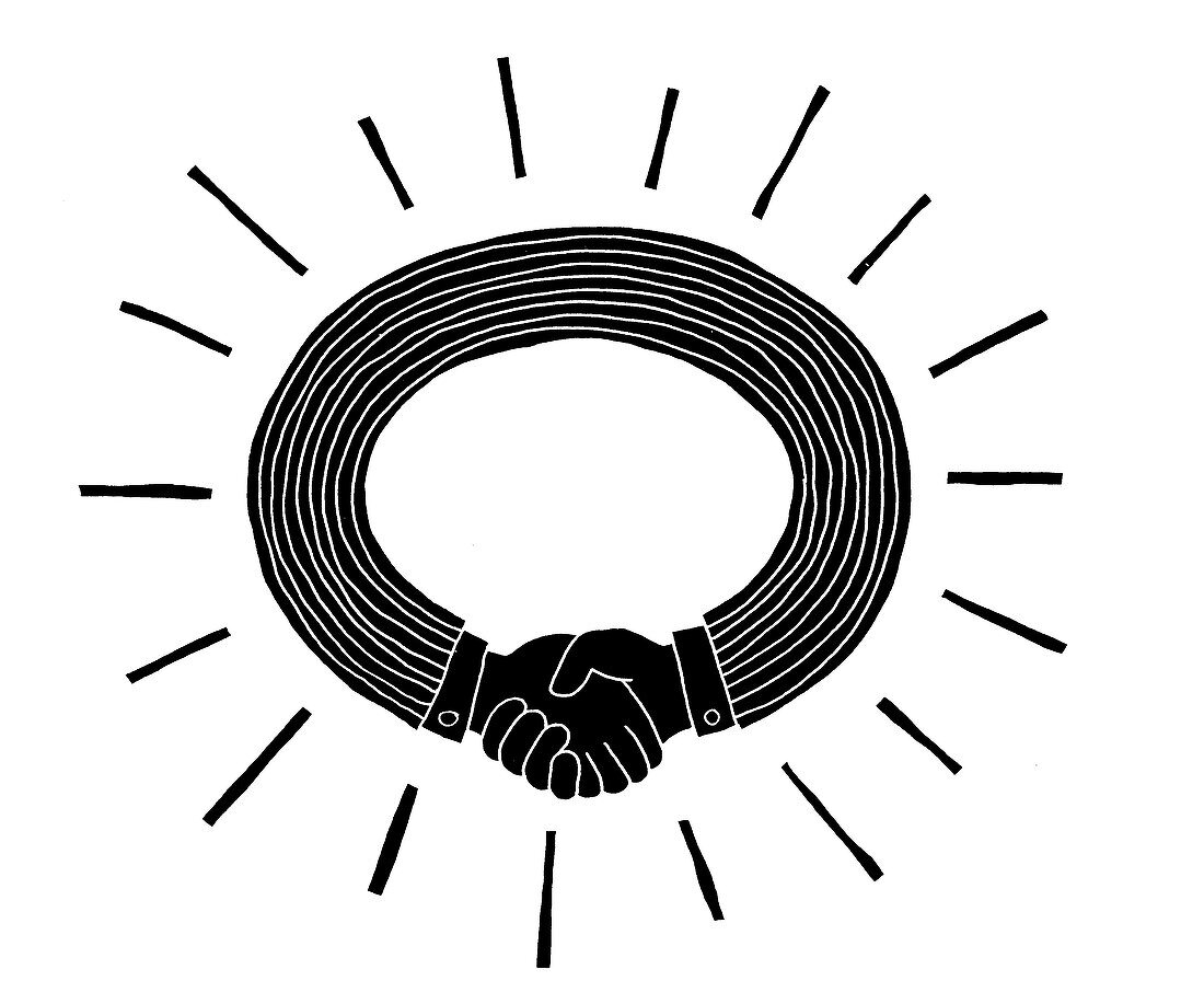 Hands shaking in the shape of a halo, illustration