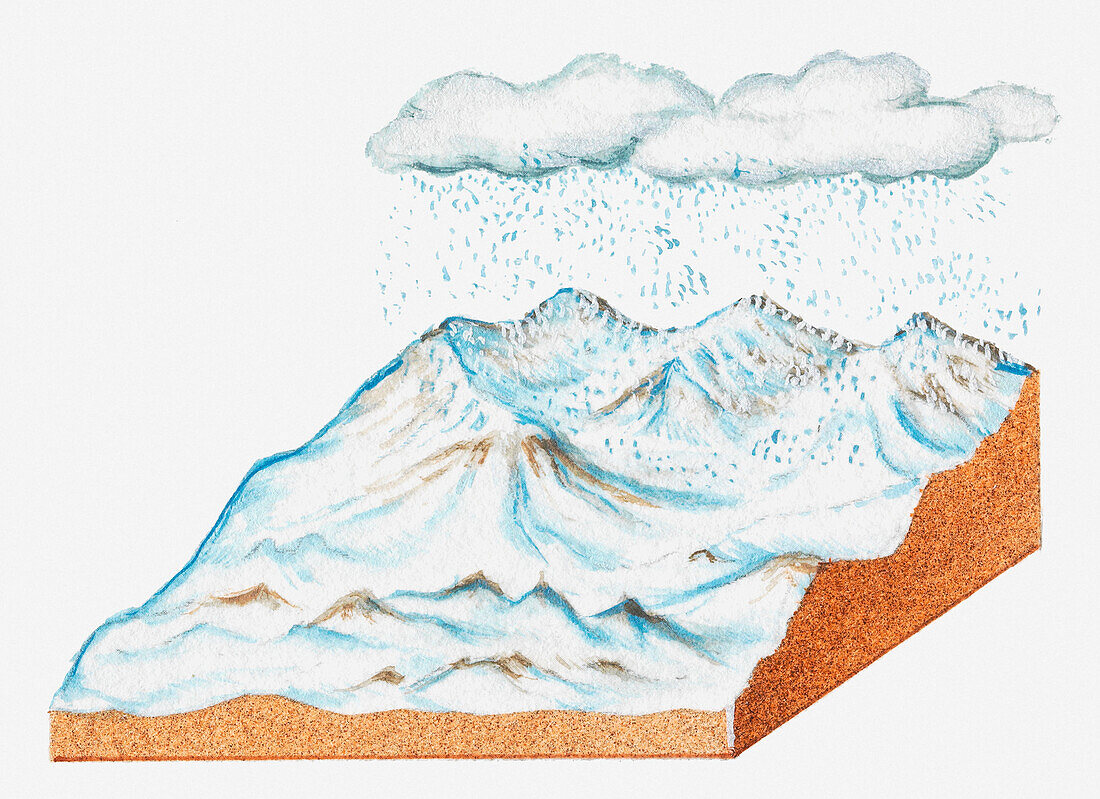 Winter snowfall covering a mountainous region, illustration