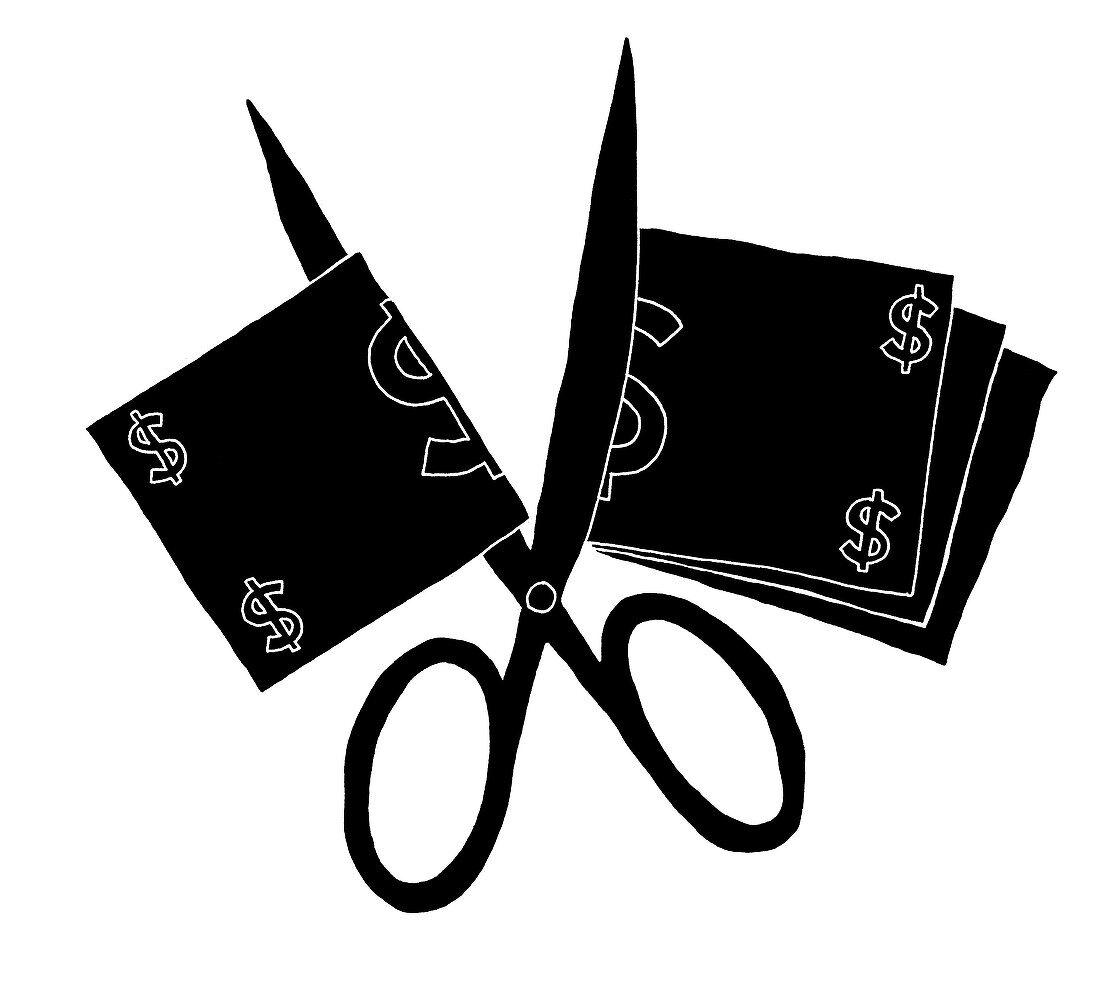 Scissors cutting through dollar notes, illustration