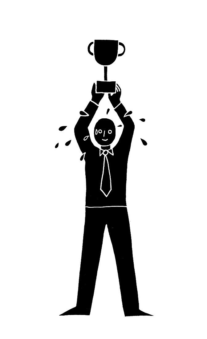 Man sweating holding a trophy, illustration
