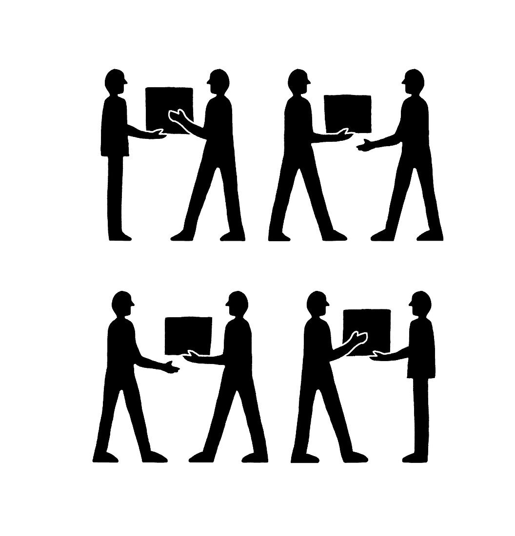 Figures passing boxes or goods between them, illustration