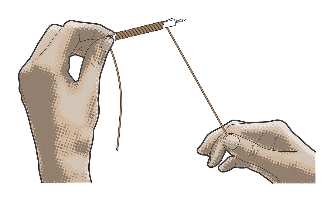 Wrapping wire around insulated needle, illustration