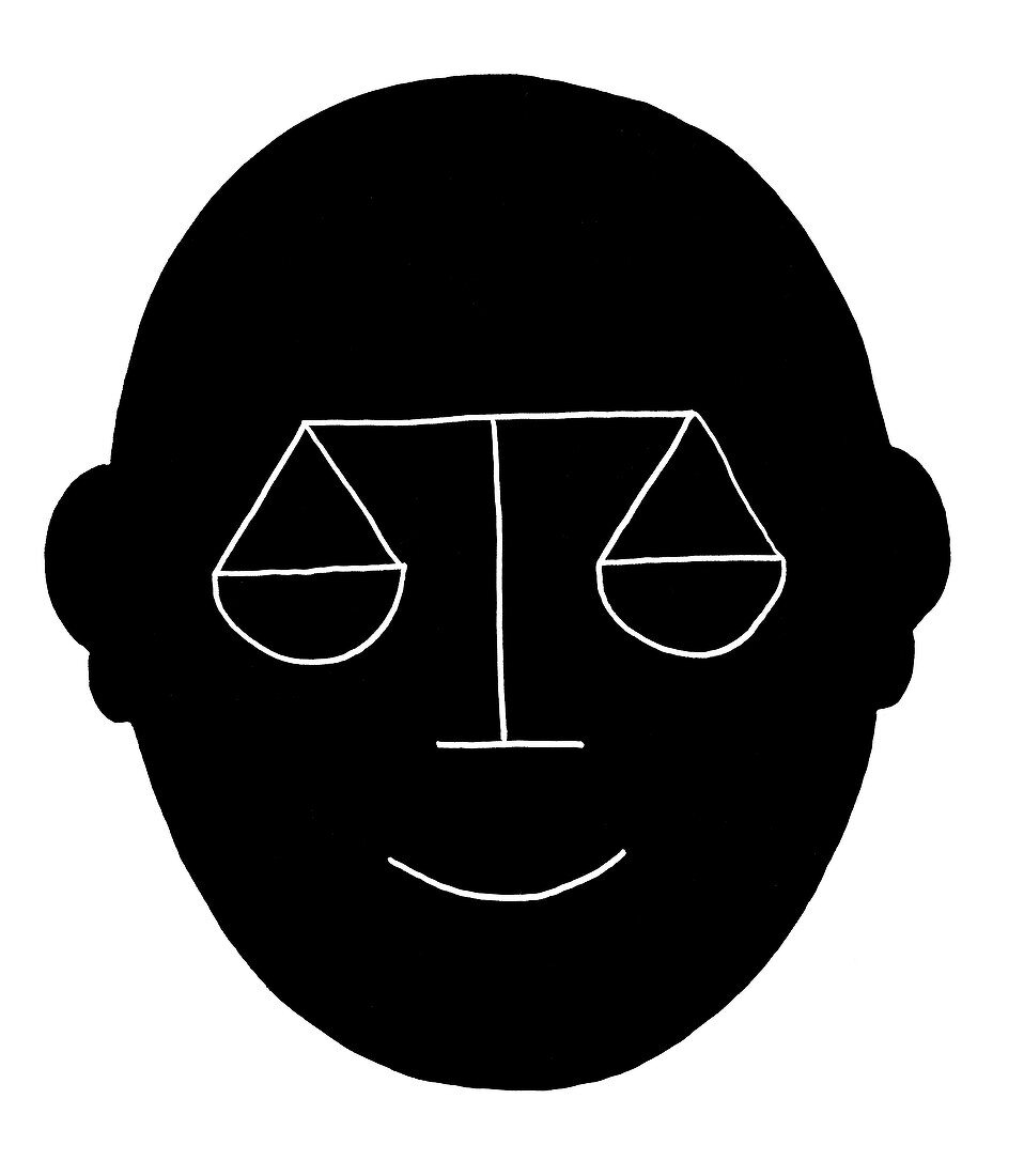 Scales of justice superimposed on smiling face, illustration