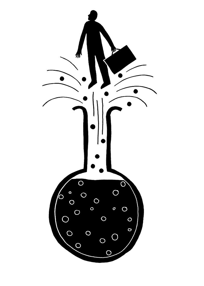 Man with briefcase shooting out of a test tube, illustration