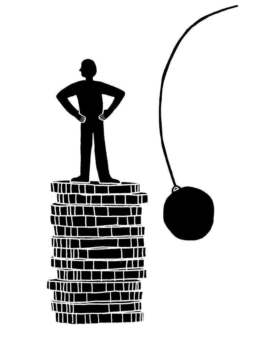 Man standing on a pile of coins near a wrecking ball