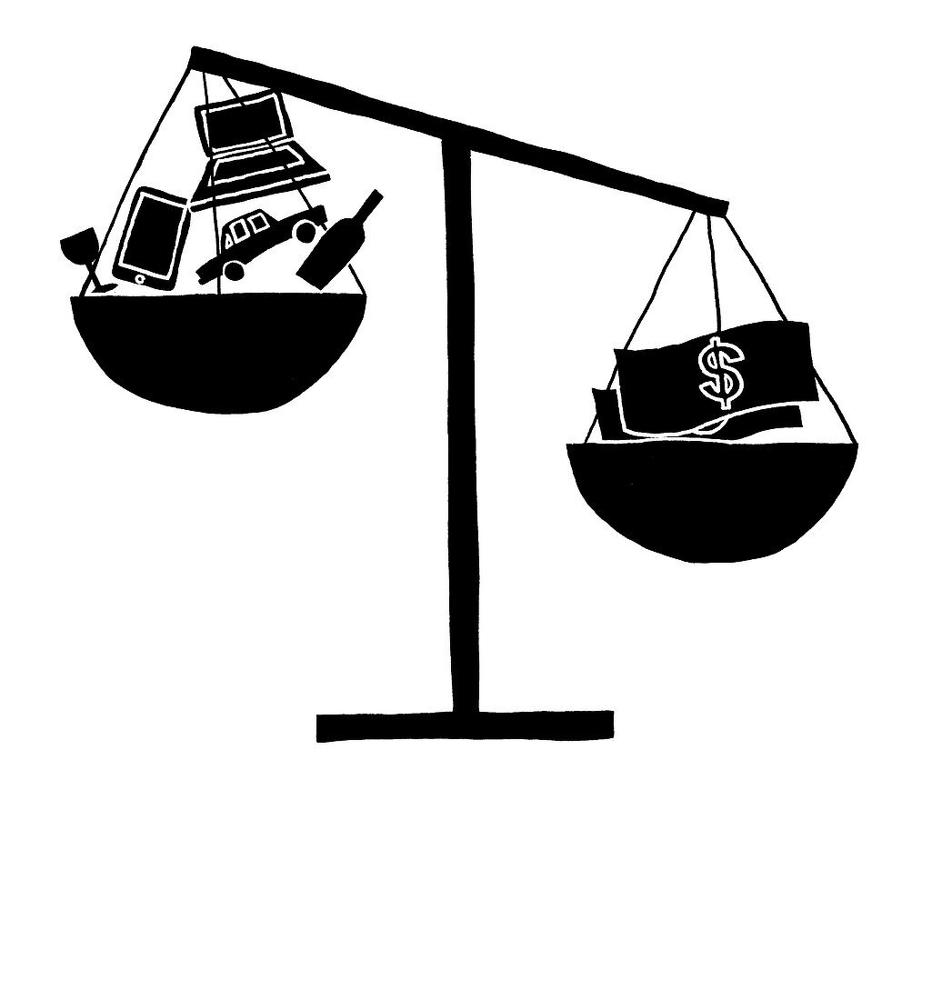Scales balancing luxury items and money, illustration