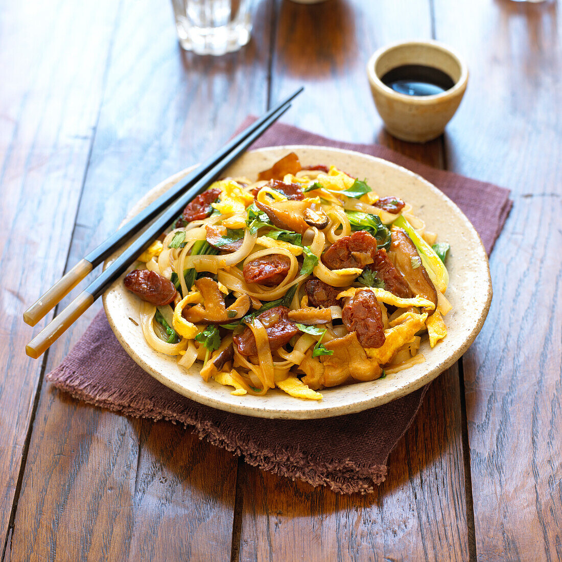 Stir-fried noodles with Chinese sausage and shiitake