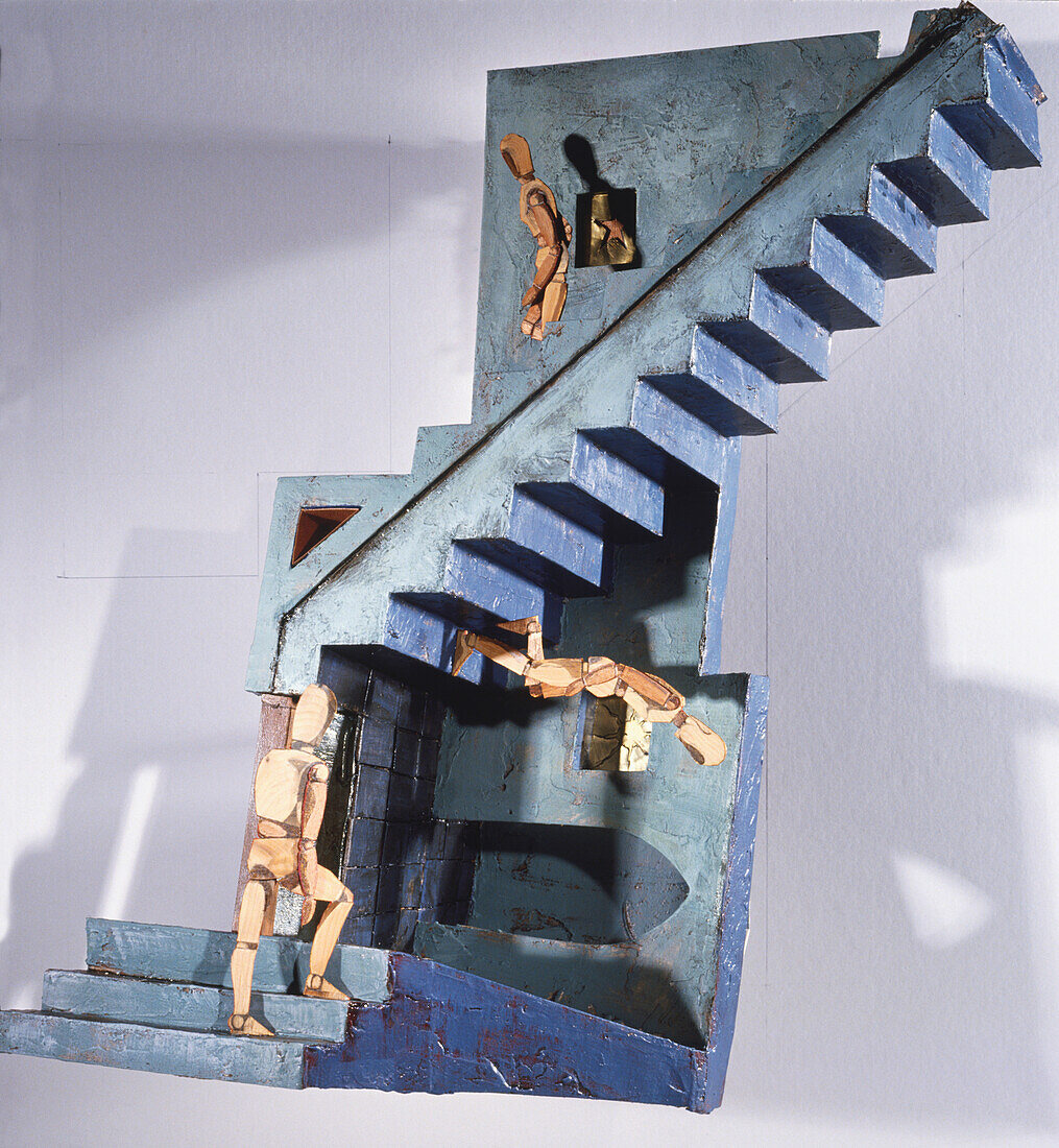 Figures walking up and down bizarre staircase