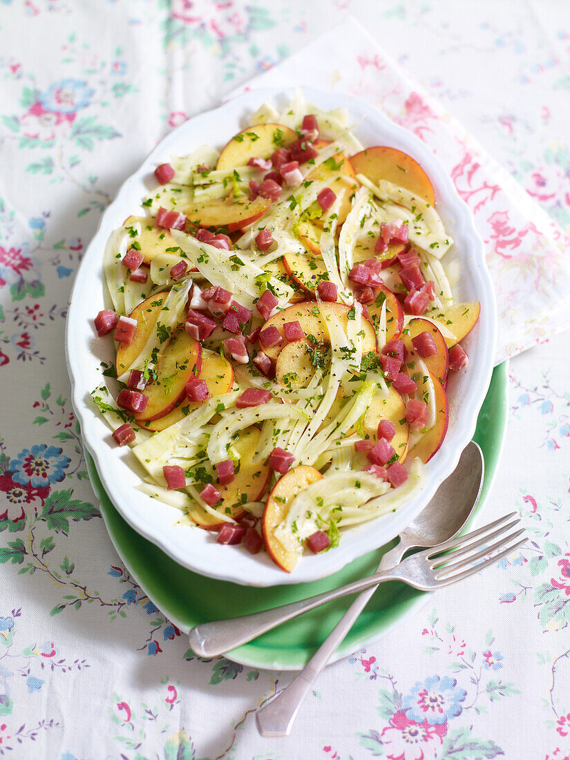 French fennel, peach and cured ham salad