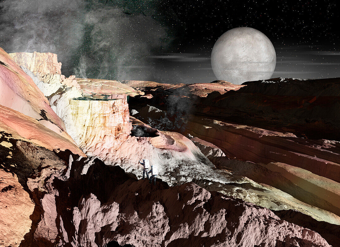 Astronauts exploring thermal springs on Pluto, illustration