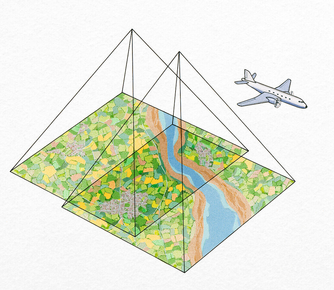Commercial flight path over river and land, illustration