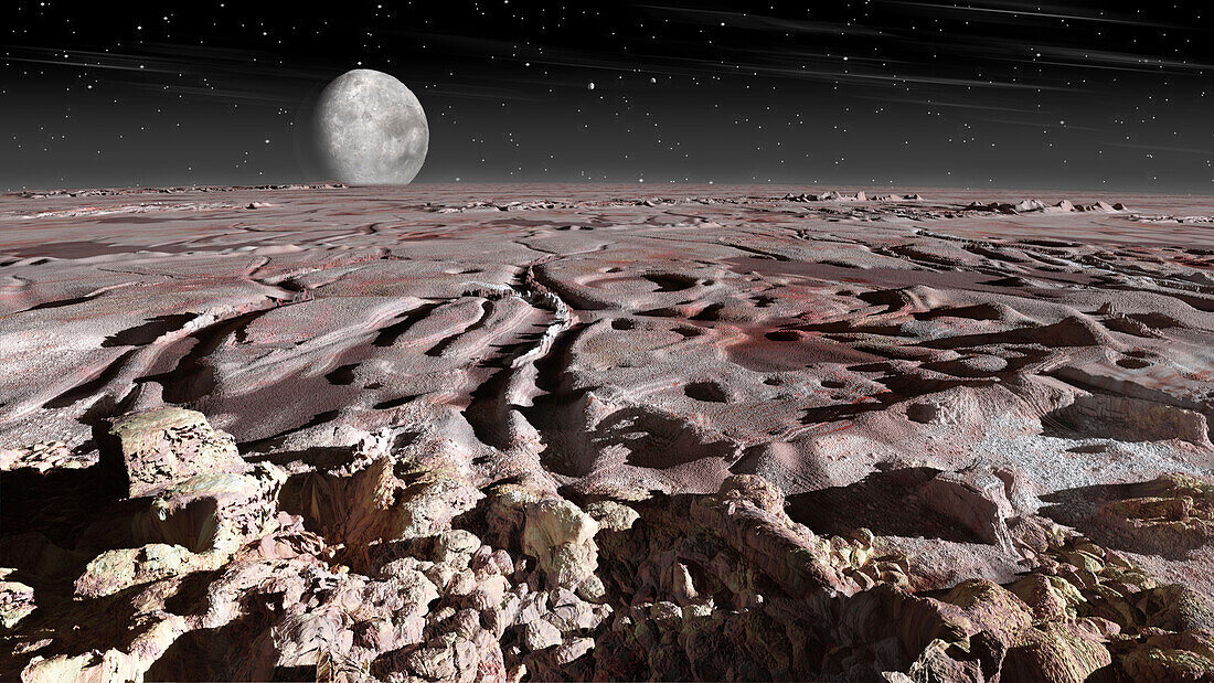 Looking over a nitrogen glacier on Pluto, illustration