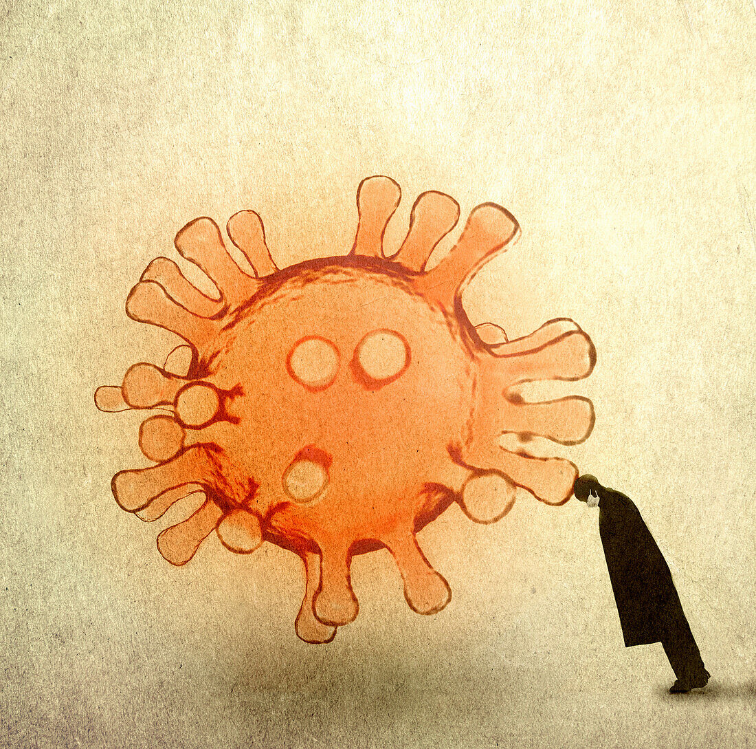 Man in face mask slumped against coronavirus, illustration