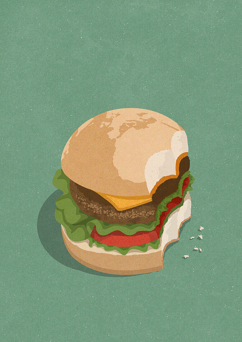 Bites missing from global hamburger, illustration