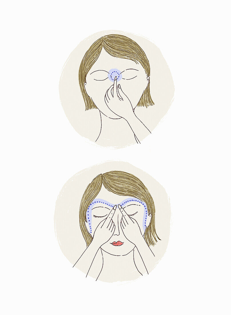 Woman massaging own head round eyes, illustration