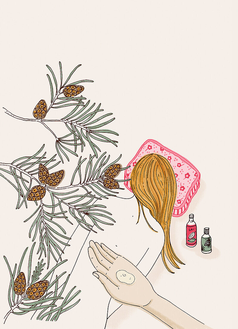 Pine oil massage, illustration