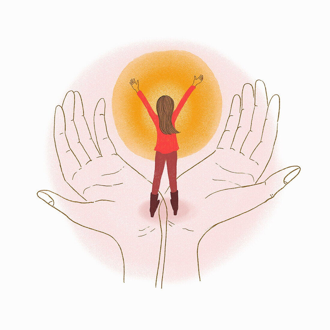 Confident teenager supported by helping hands, illustration